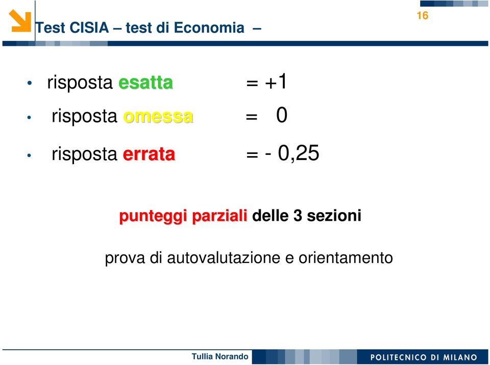 errata = - 0,25 punteggi parziali delle 3