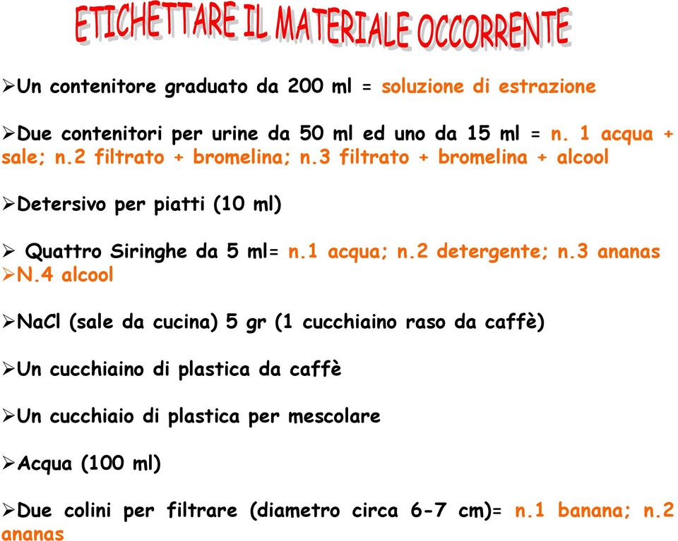 3 filtrato + bromelina + alcool Detersivo per piatti (10 ml) Quattro Siringhe da 5 ml= n.1 acqua; n.2 detergente; n.3 ananas N.