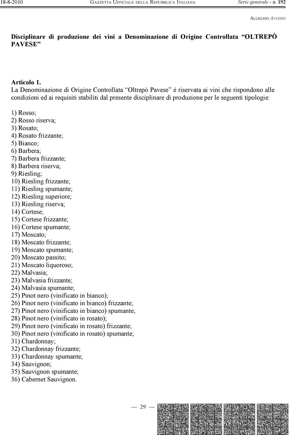 1) Rosso; 2) Rosso riserva; 3) Rosato; 4) Rosato frizzante; 5) Bianco; 6) Barbera; 7) Barbera frizzante; 8) Barbera riserva; 9) Riesling; 10) Riesling frizzante; 11) Riesling spumante; 12) Riesling