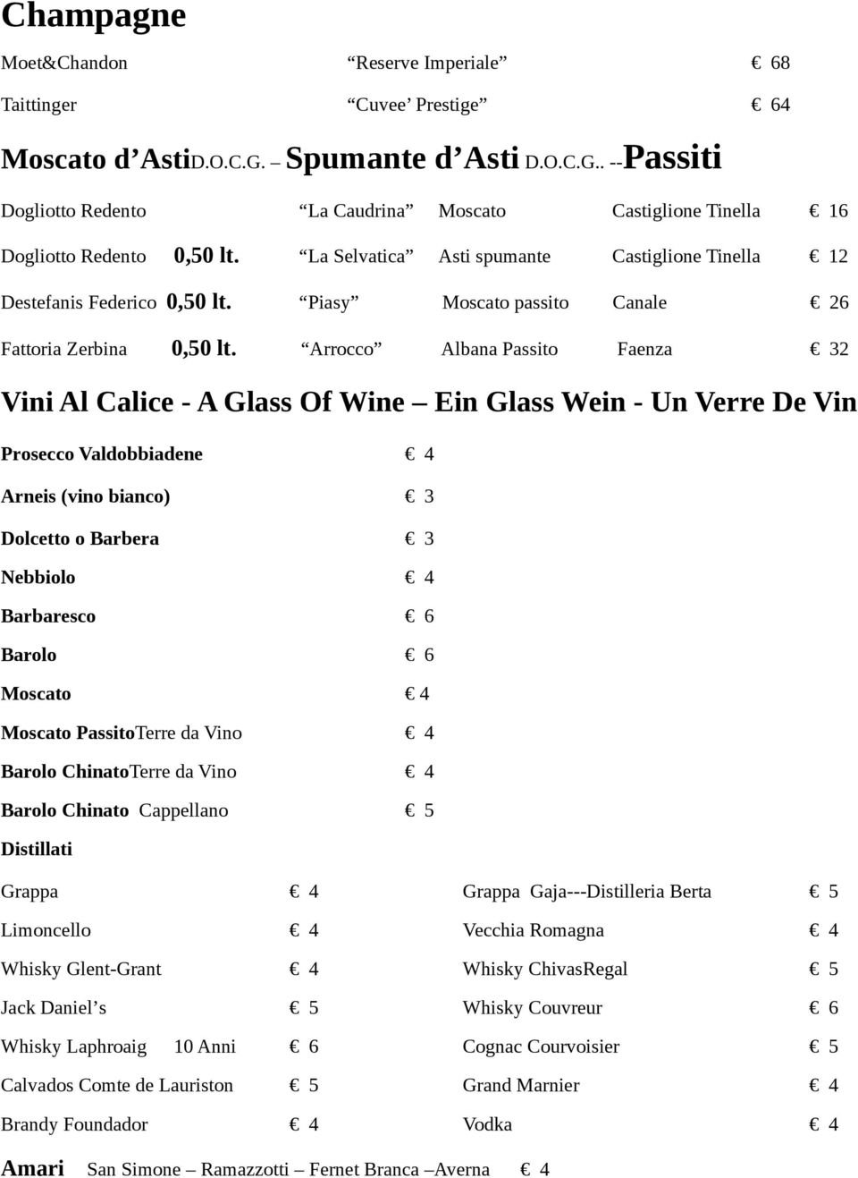 Arrocco Albana Passito Faenza 32 Vini Al Calice - A Glass Of Wine Ein Glass Wein - Un Verre De Vin Prosecco Valdobbiadene 4 Arneis (vino bianco) 3 Dolcetto o Barbera 3 Nebbiolo 4 Barbaresco 6 Barolo