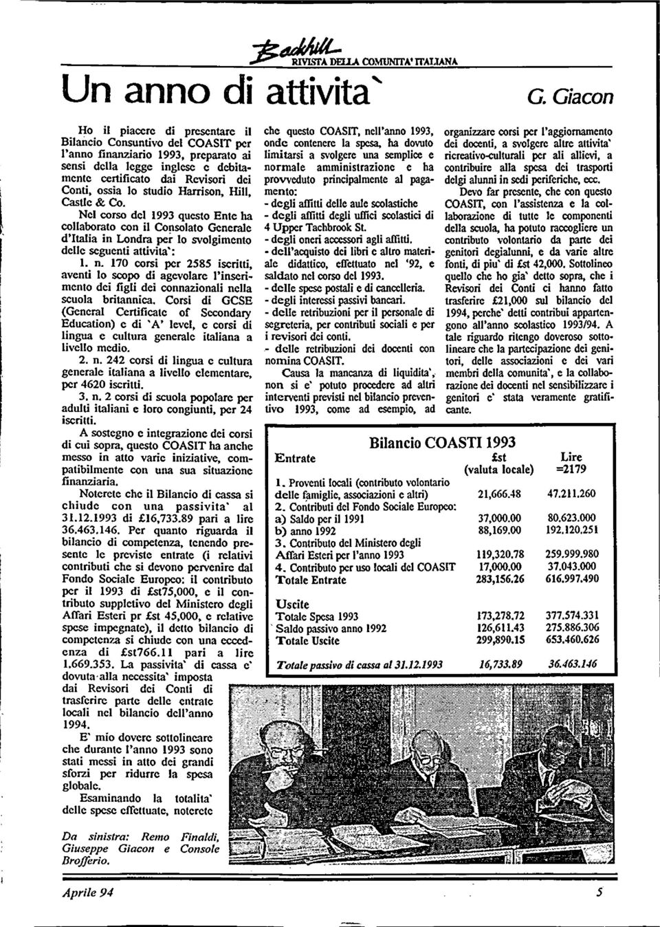 Harrison, Hill, Castle & Co. Nel corso del 1993 qucsto Ente ha collaborato con il Consolato Generale d'italia in Londra per 10 svolgimento delle seguenti attivita': I. n.