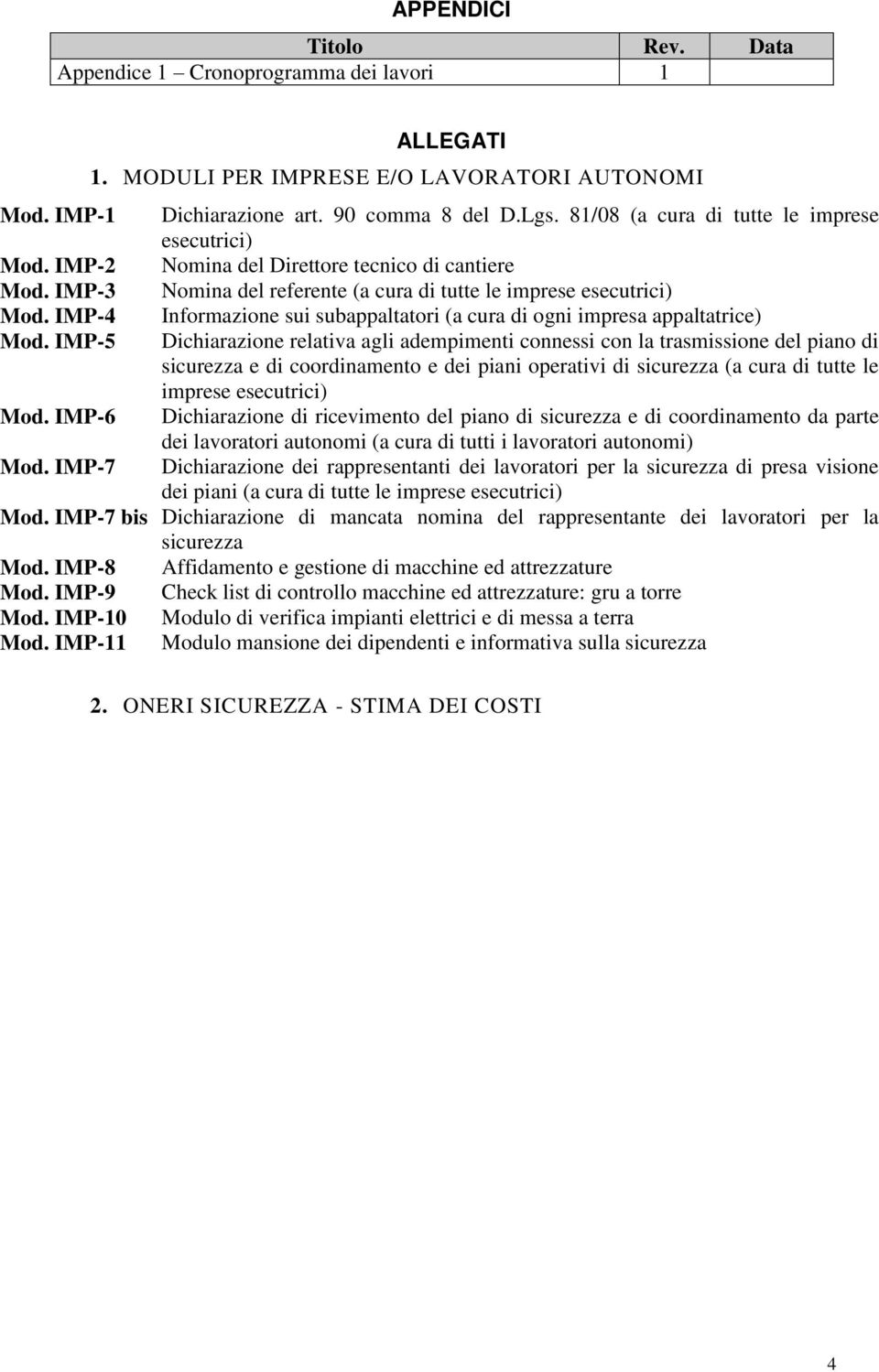 IMP-4 Informazione sui subappaltatori (a cura di ogni impresa appaltatrice) Mod.