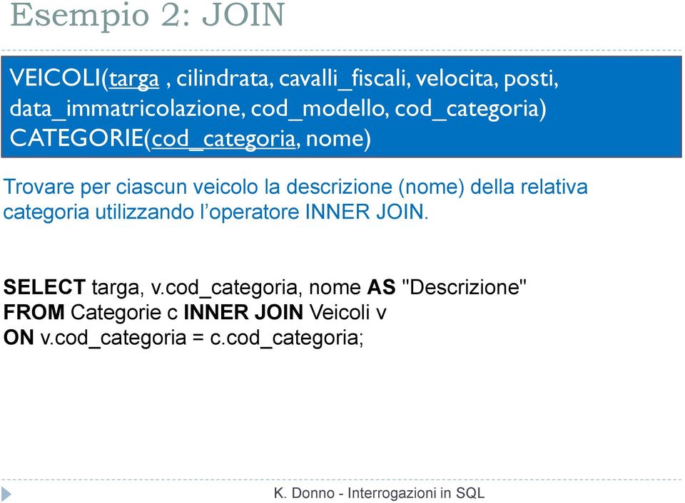 descrizione (nome) della relativa categoria utilizzando l operatore INNER JOIN. SELECT targa, v.