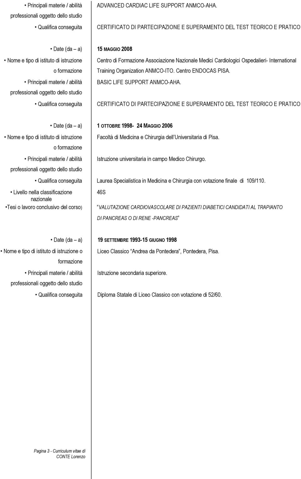 Organization ANMCO-ITO. Centro ENDOCAS PISA. BASIC LIFE SUPPORT ANMCO-AHA.