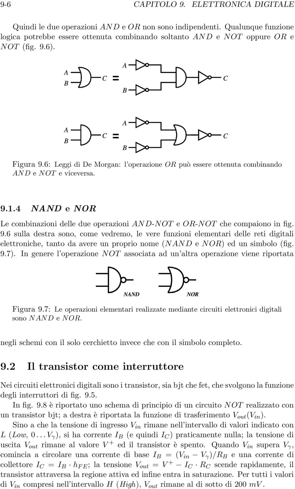 9.6 sulla destra sono, come vedremo, le vere funzioni elementari delle reti digitali elettroniche, tanto da avere un proprio nome (NAND e NOR) ed un simbolo (fig. 9.7).