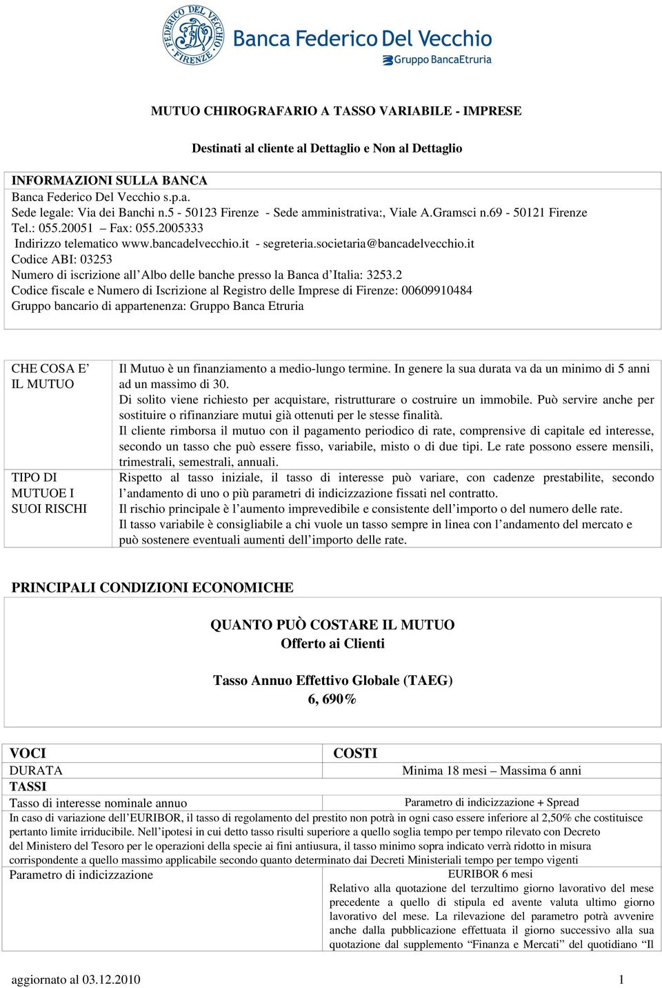 it Codice ABI: 03253 Numero di iscrizione all Albo delle banche presso la Banca d Italia: 3253.
