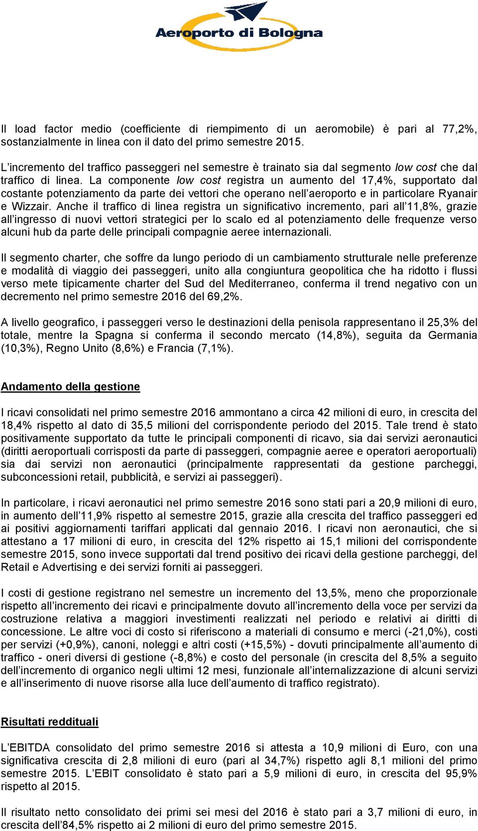 La componente low cost registra un aumento del 17,4%, supportato dal costante potenziamento da parte dei vettori che operano nell aeroporto e in particolare Ryanair e Wizzair.