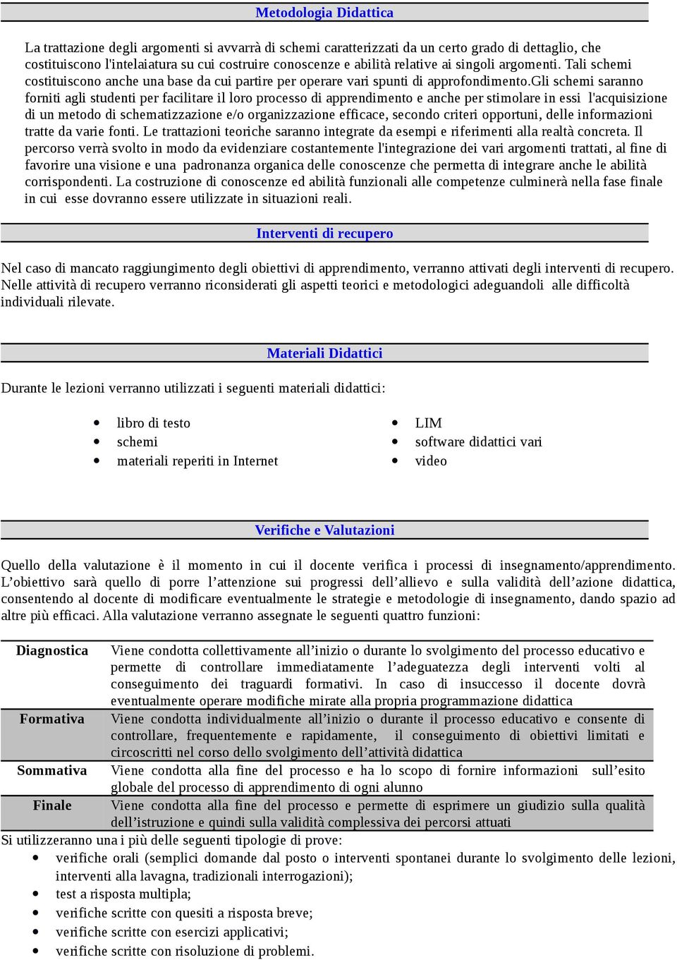 gli schemi saranno forniti agli studenti per facilitare il loro processo di apprendimento e anche per stimolare in essi l'acquisizione di un metodo di schematizzazione e/o organizzazione efficace,