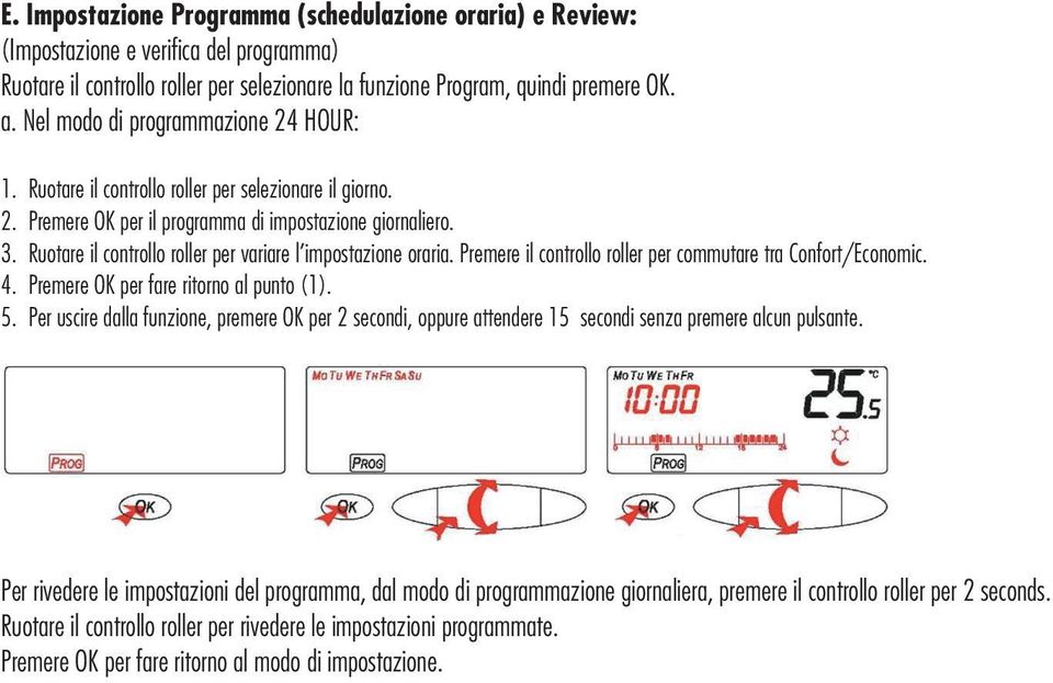 Ruotare il controllo roller per variare l impostazione oraria. Premere il controllo roller per commutare tra Confort/Economic. 4. Premere OK per fare ritorno al punto (1). 5.