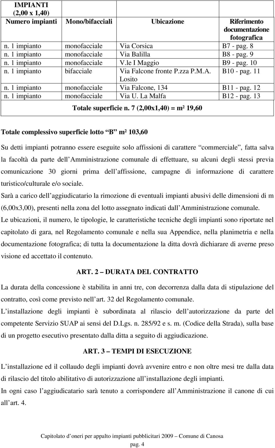 1 impianto monofacciale Via Falcone, 134 B11 - pag. 12 n. 1 impianto monofacciale Via U. La Malfa B12 - pag. 13 Totale superficie n.