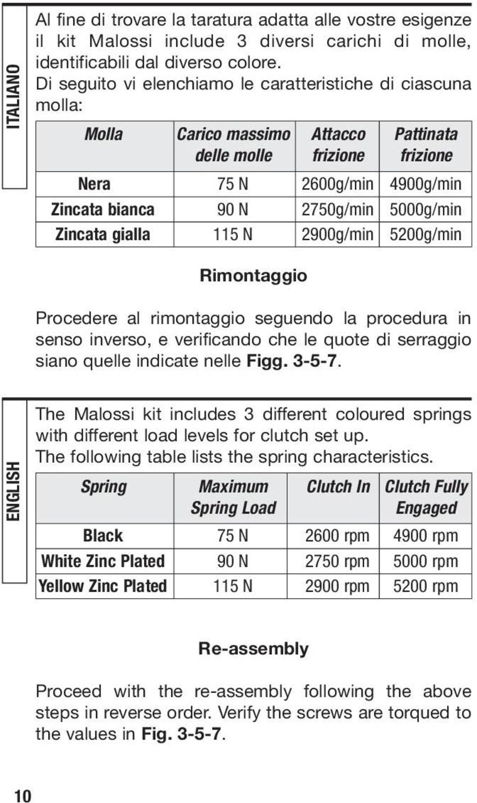 5000g/min Zincata gialla 115 N 2900g/min 5200g/min Rimontaggio Procedere al rimontaggio seguendo la procedura in senso inverso, e verificando che le quote di serraggio siano quelle indicate nelle