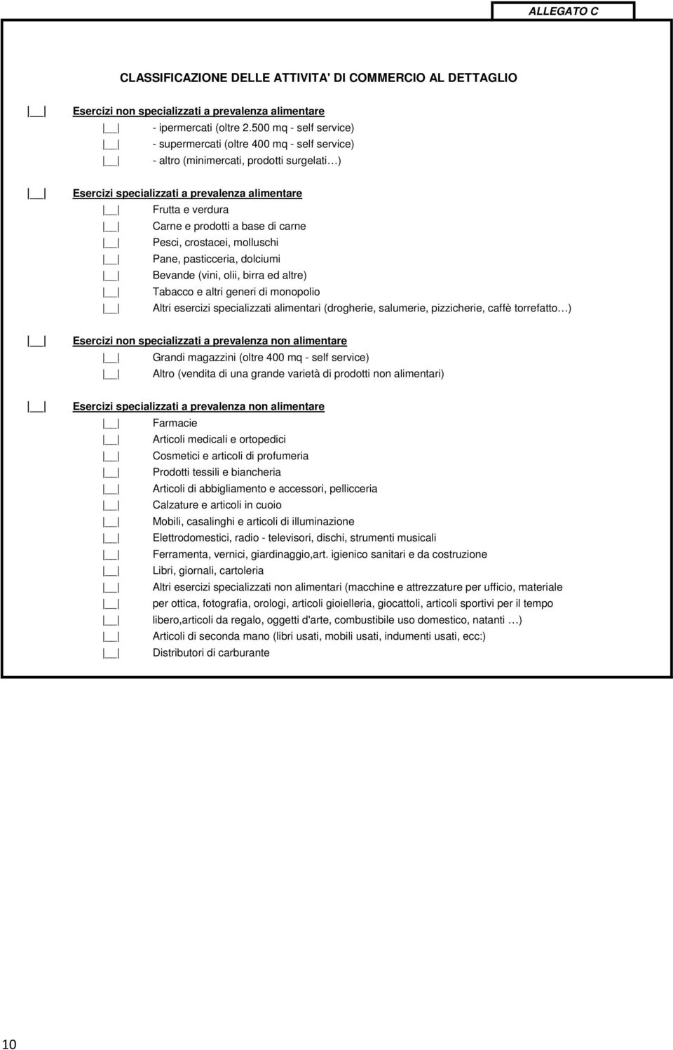 di carne Pesci, crostacei, molluschi Pane, pasticceria, dolciumi Bevande (vini, olii, birra ed altre) Tabacco e altri generi di monopolio Altri esercizi specializzati alimentari (drogherie,