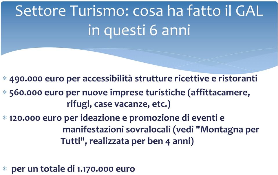 000 euro per nuove imprese turistiche (affittacamere, rifugi, case vacanze, etc.) 120.