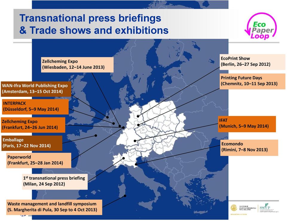 Expo (Frankfurt, 24 26 Jun 2014) Emballage (Paris, 17 22 Nov 2014) Paperworld (Frankfurt, 25 28 Jan 2014) 1st transnational press briefing (Milan, 24