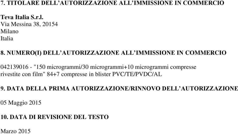 NUMERO(I) DELL AUTORIZZAZIONE ALL IMMISSIONE IN COMMERCIO 042139016 - "150 microgrammi/30 microgrammi+10