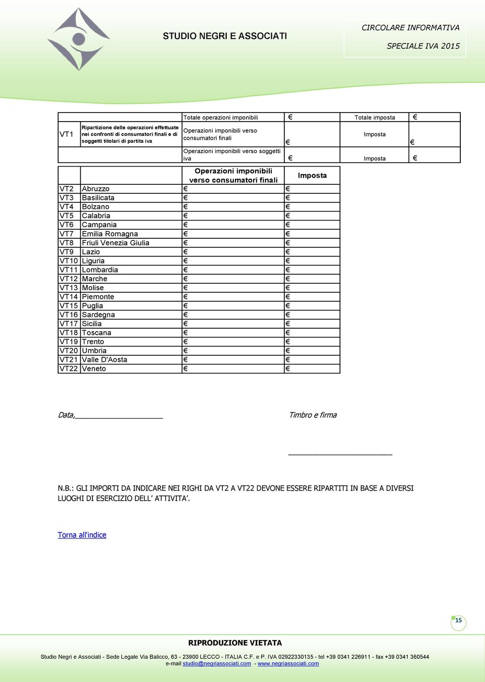 VT18 Toscana VT19 Trento VT20 Umbria VT21 Valle D'Aosta VT22 Veneto Totale operazioni imponibili Totale imposta Operazioni imponibili verso Imposta consumatori finali Operazioni imponibili verso