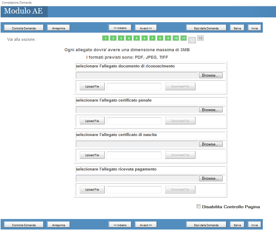 Upload documenti del richiedente Sezione 12 i documenti sono obbligatori.