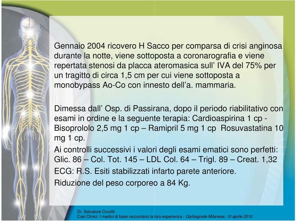 di Passirana, dopo il periodo riabilitativo con esami in ordine e la seguente terapia: Cardioaspirina 1 cp - Bisoprololo 2,5 mg 1 cp Ramipril 5 mg 1 cp Rosuvastatina 10 mg 1