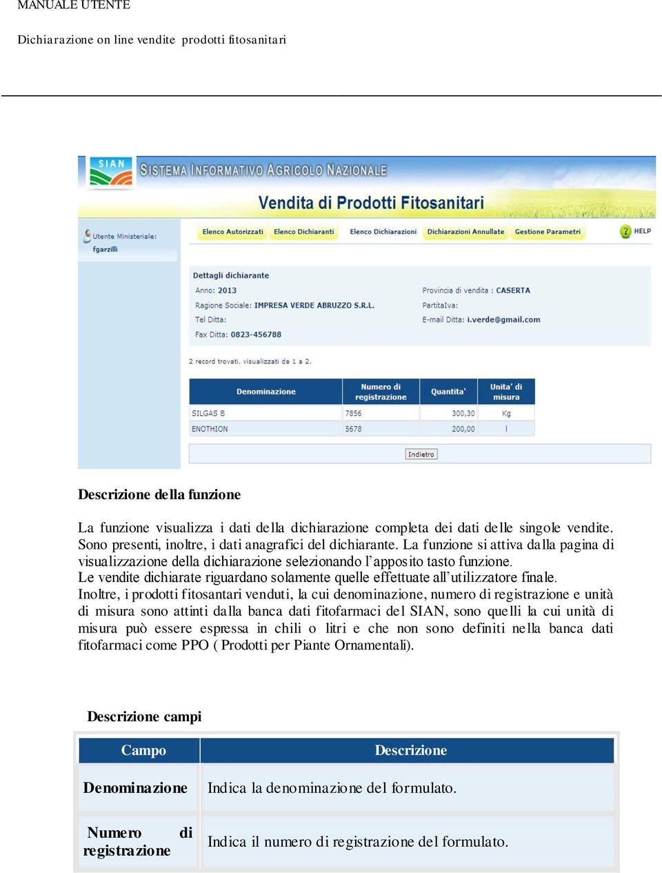 Inoltre, i prodotti fitosantari venduti, la cui denominazione, numero di registrazione e unità di misura sono attinti dalla banca dati fitofarmaci del SIAN, sono quelli la cui unità di misura può