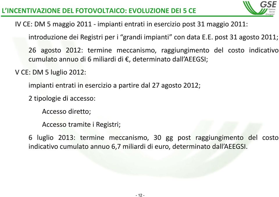 E. post 31 agosto 2011; 26 agosto 2012: termine meccanismo, raggiungimento del costo indicativo cumulato annuo di 6 miliardi di, determinato dall AEEGSI; V CE: