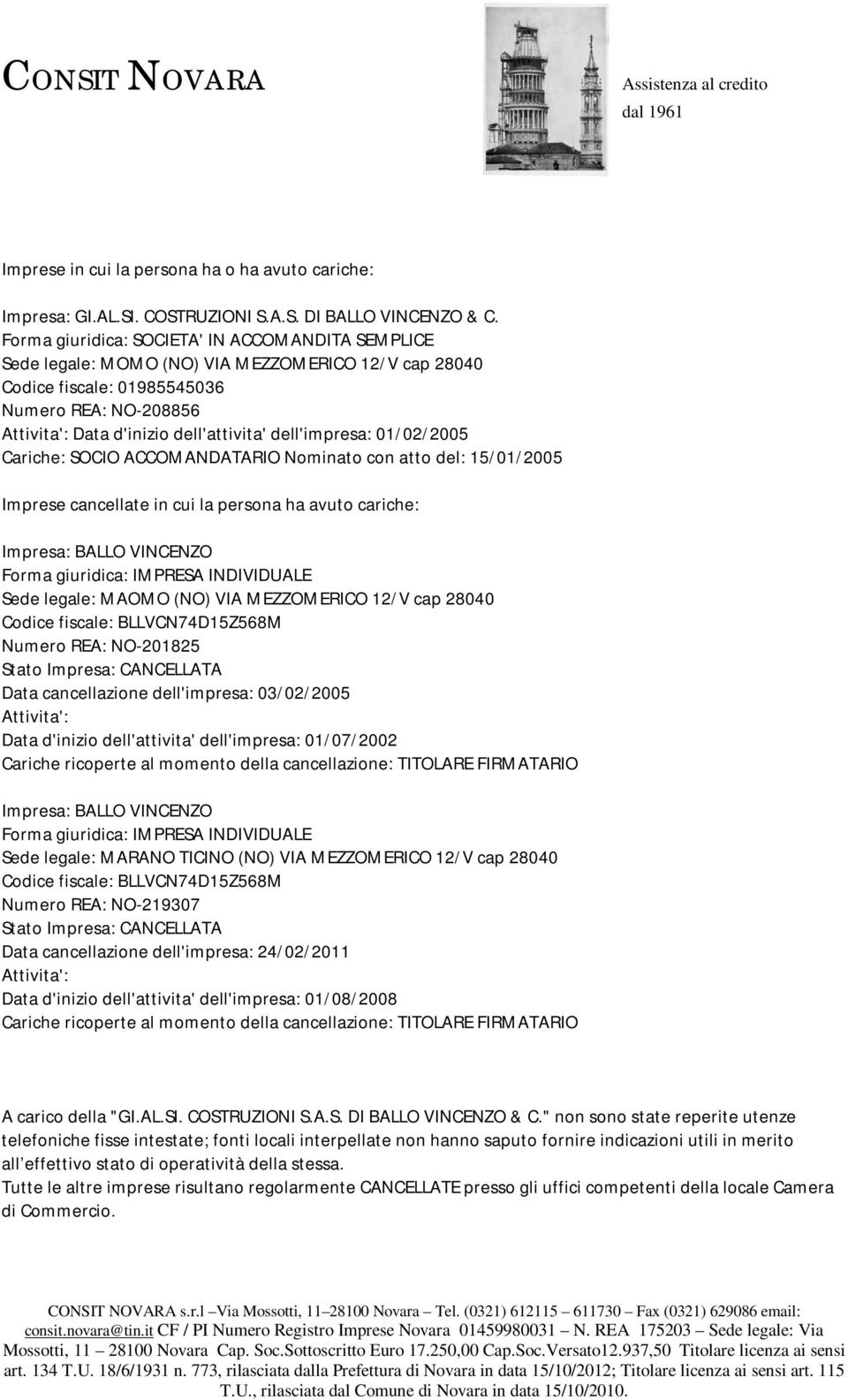 dell'impresa: 01/02/2005 Cariche: SOCIO ACCOMANDATARIO Nominato con atto del: 15/01/2005 Imprese cancellate in cui la persona ha avuto cariche: Impresa: BALLO VINCENZO Forma giuridica: IMPRESA