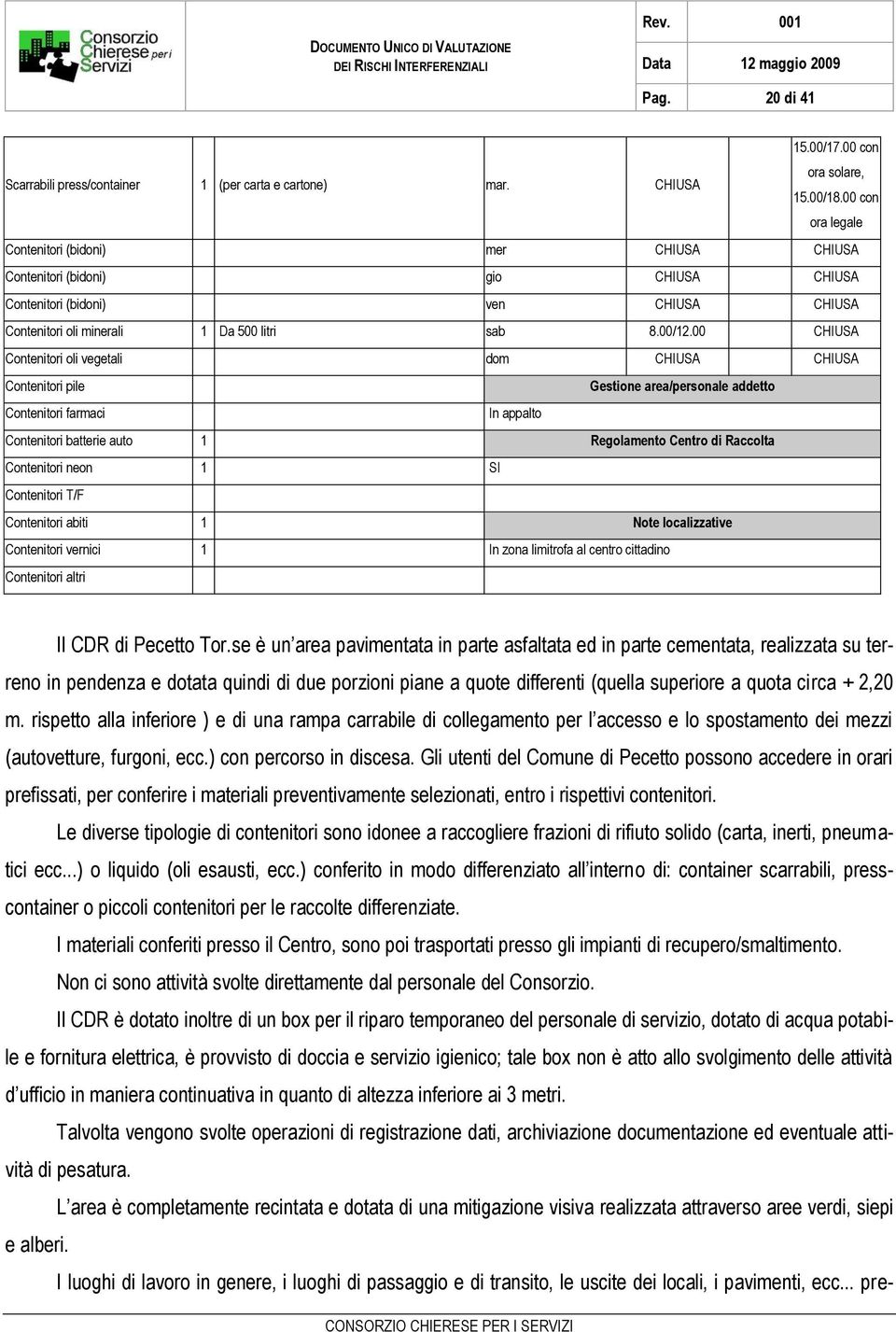 00 CHIUSA Contenitori oli vegetali dom CHIUSA CHIUSA Contenitori pile Gestione area/personale addetto Contenitori farmaci In appalto Contenitori batterie auto 1 Regolamento Centro di Raccolta