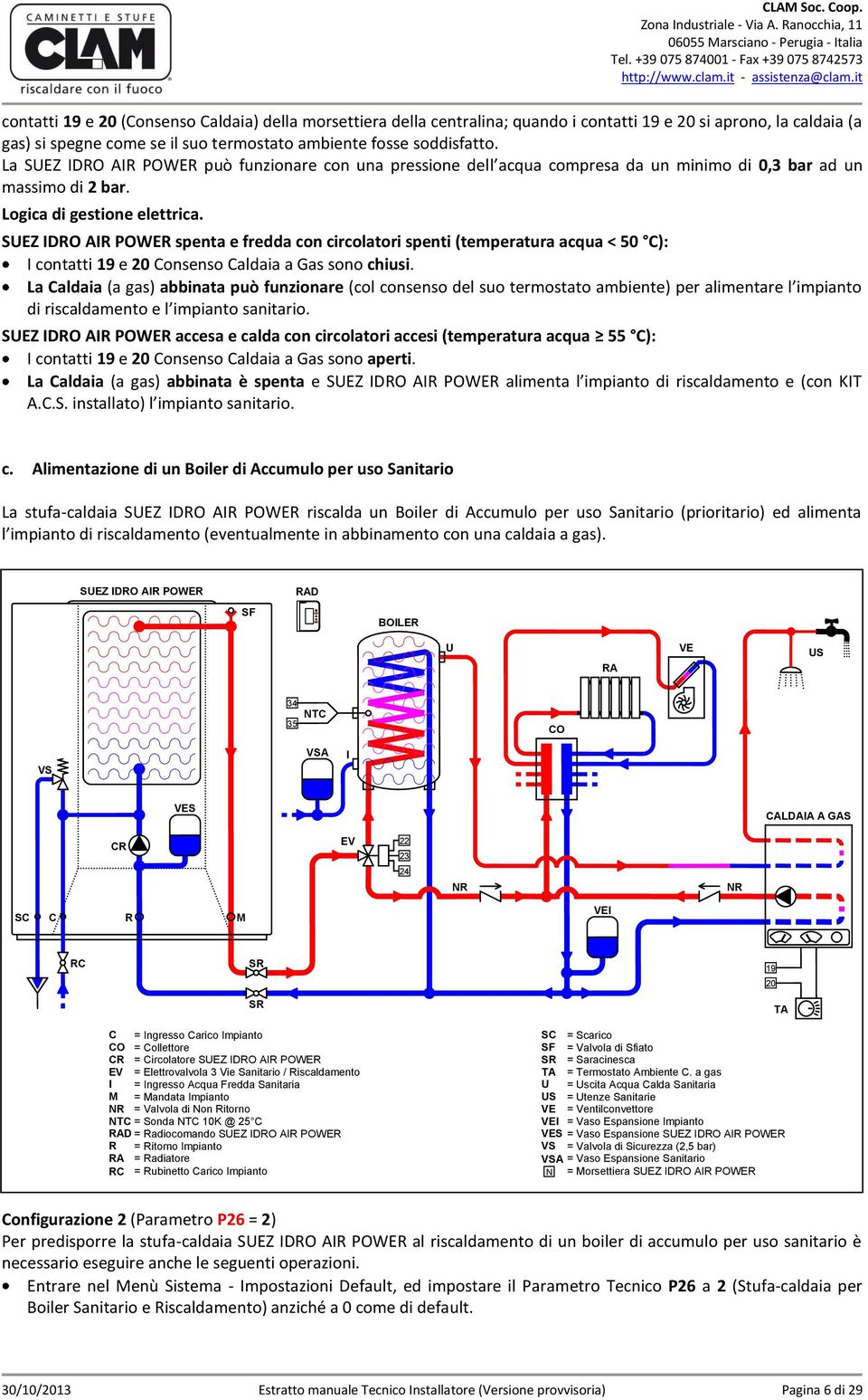 SUEZ IDRO AIR POWER spenta e fredda con circolatori spenti (temperatura acqua < 50 C): I contatti 19 e 20 Consenso Caldaia a Gas sono chiusi.