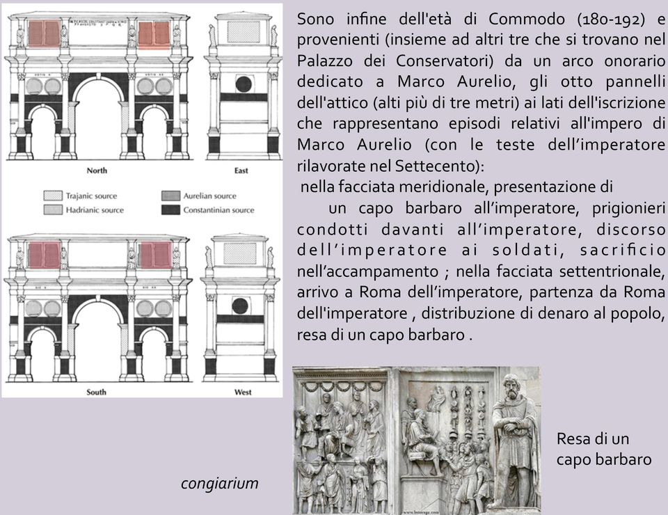 facciata meridionale, presentazione di un capo barbaro all imperatore, prigionieri condotti davanti all imperatore, discorso dell imperatore ai soldati, sacrificio nell accampamento ;