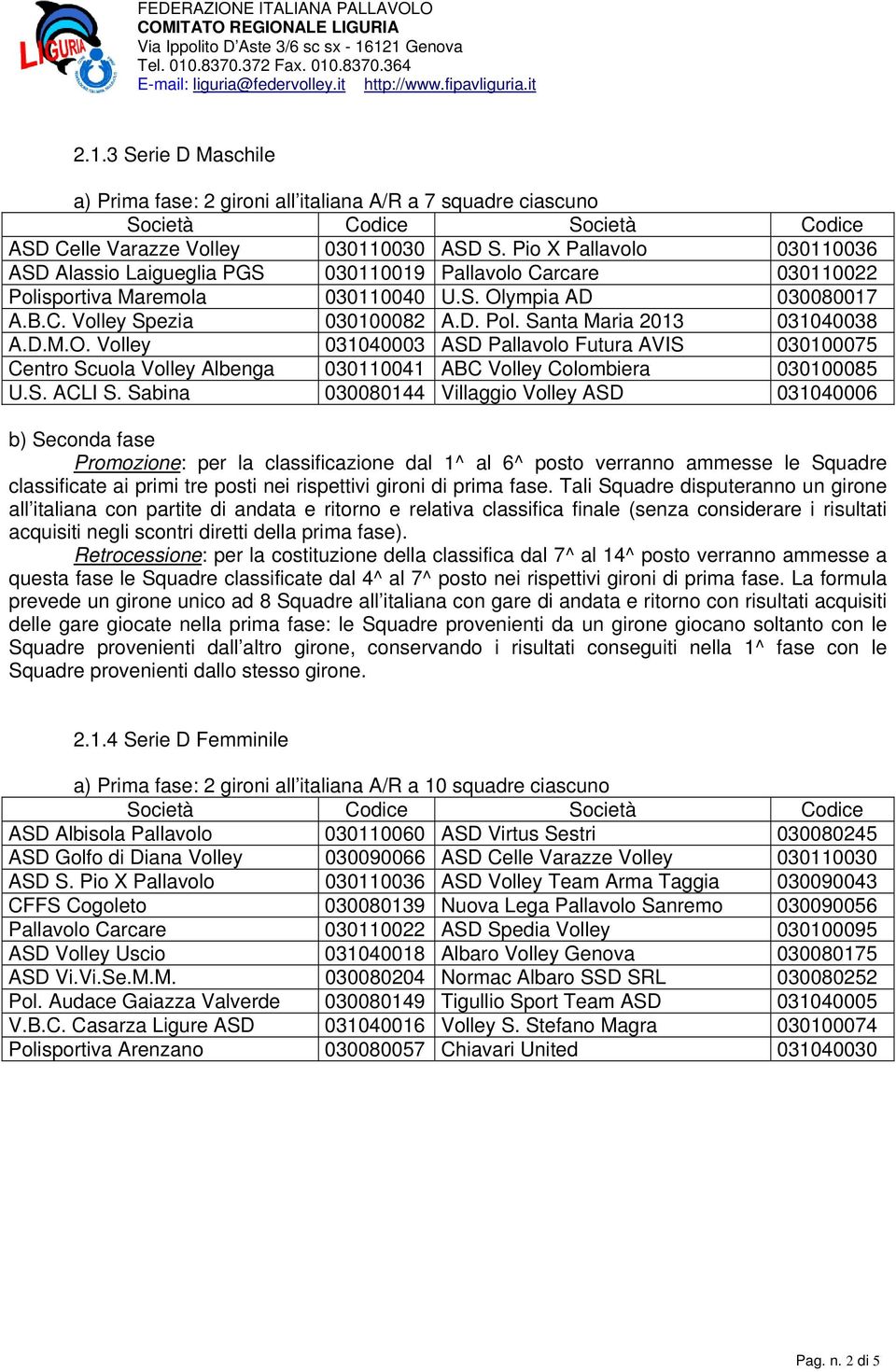 ympia AD 0008007 A.B.C. Volley Spezia 000008 A.D. Pol. Santa Maria 0 004008 A.D.M.O. Volley 004000 ASD Pallavolo Futura AVIS 000007 Centro Scuola Volley Albenga 00004 ABC Volley Colombiera 000008 U.S. ACLI S.