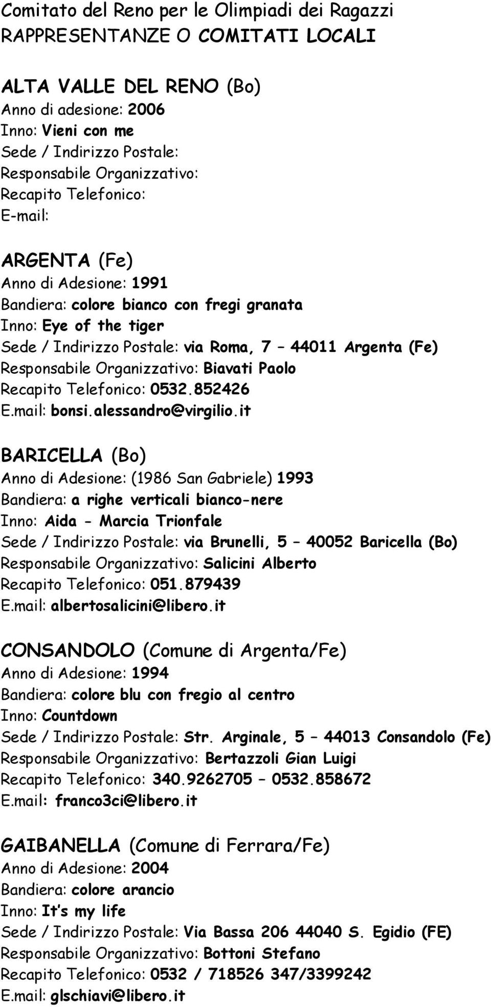 it BARICELLA (Bo) Anno di Adesione: (1986 San Gabriele) 1993 a righe verticali bianco-nere Inno: Aida - Marcia Trionfale via Brunelli, 5 40052 Baricella (Bo) Salicini Alberto 051.879439 E.