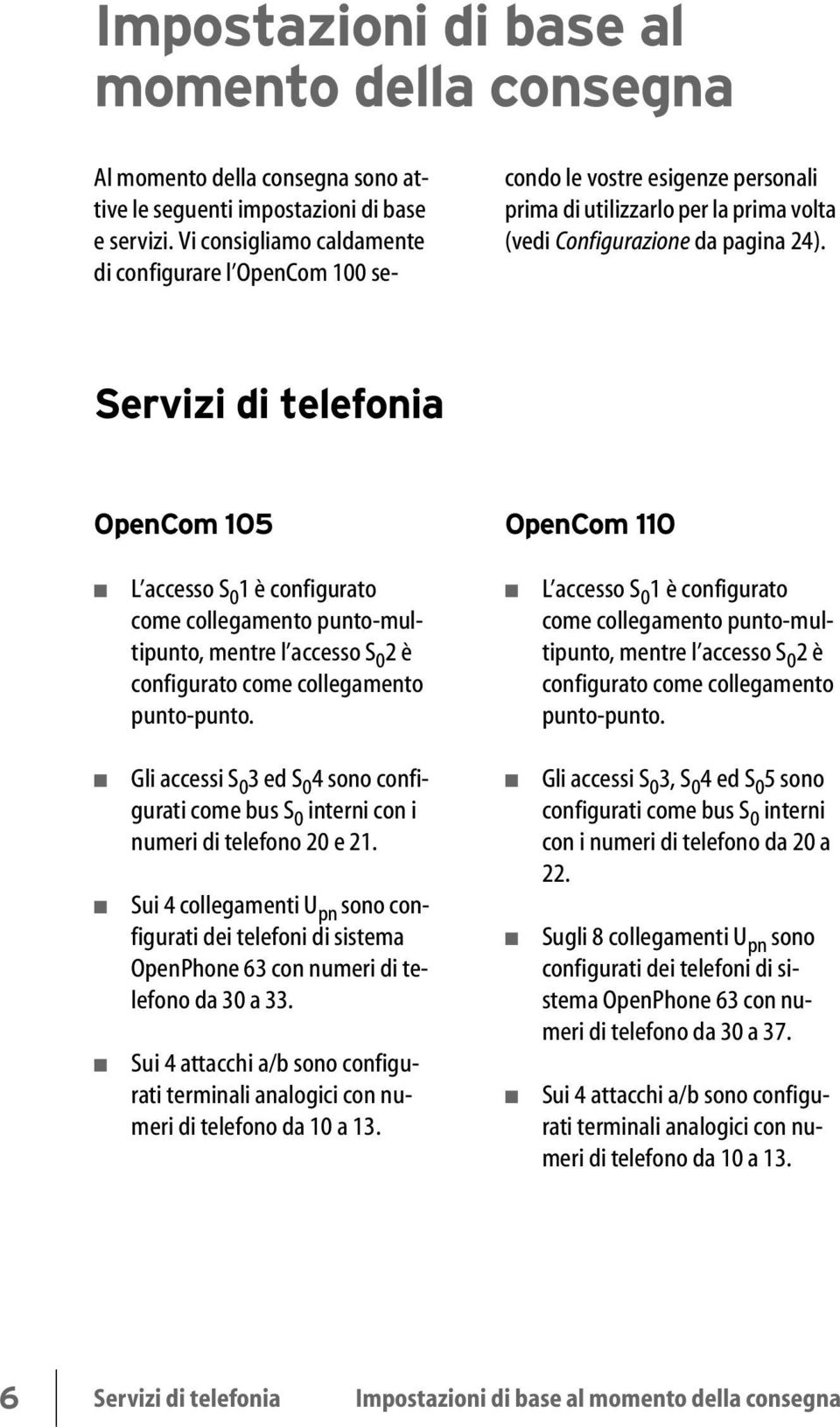 Servizi di telefonia OpenCom 105 OpenCom 110 L accesso S 0 1 è configurato come collegamento punto-multipunto, mentre l accesso S 0 2 è configurato come collegamento punto-punto.