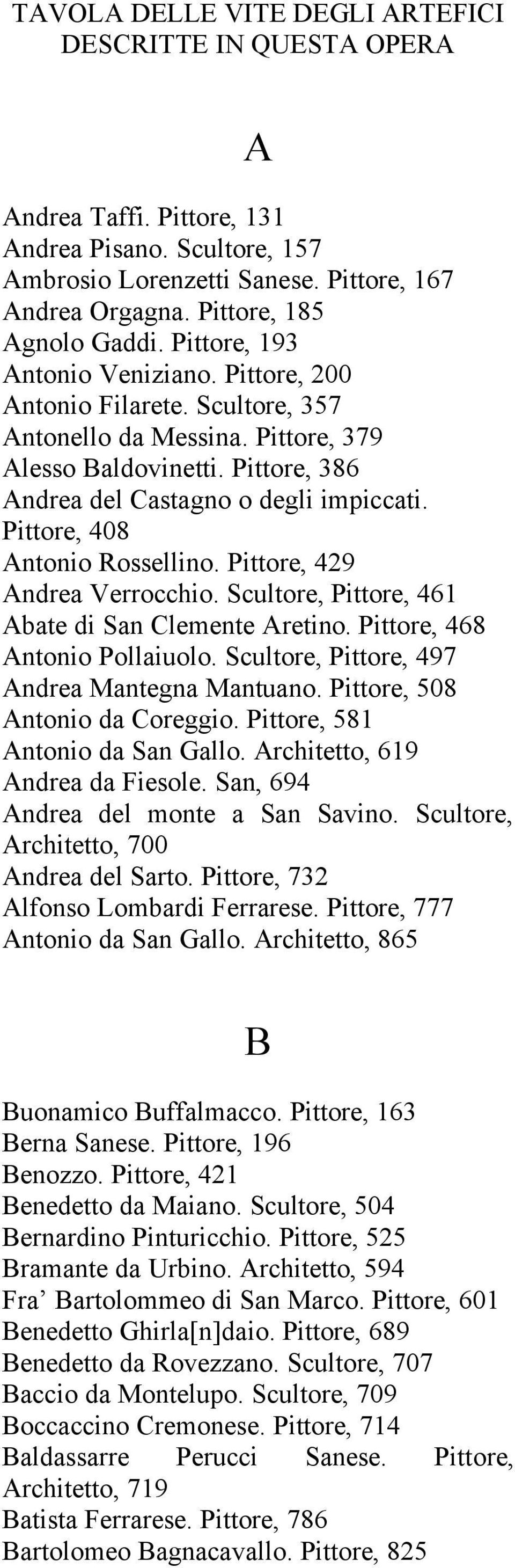 Pittore, 408 Antonio Rossellino. Pittore, 429 Andrea Verrocchio. Scultore, Pittore, 461 Abate di San Clemente Aretino. Pittore, 468 Antonio Pollaiuolo. Scultore, Pittore, 497 Andrea Mantegna Mantuano.