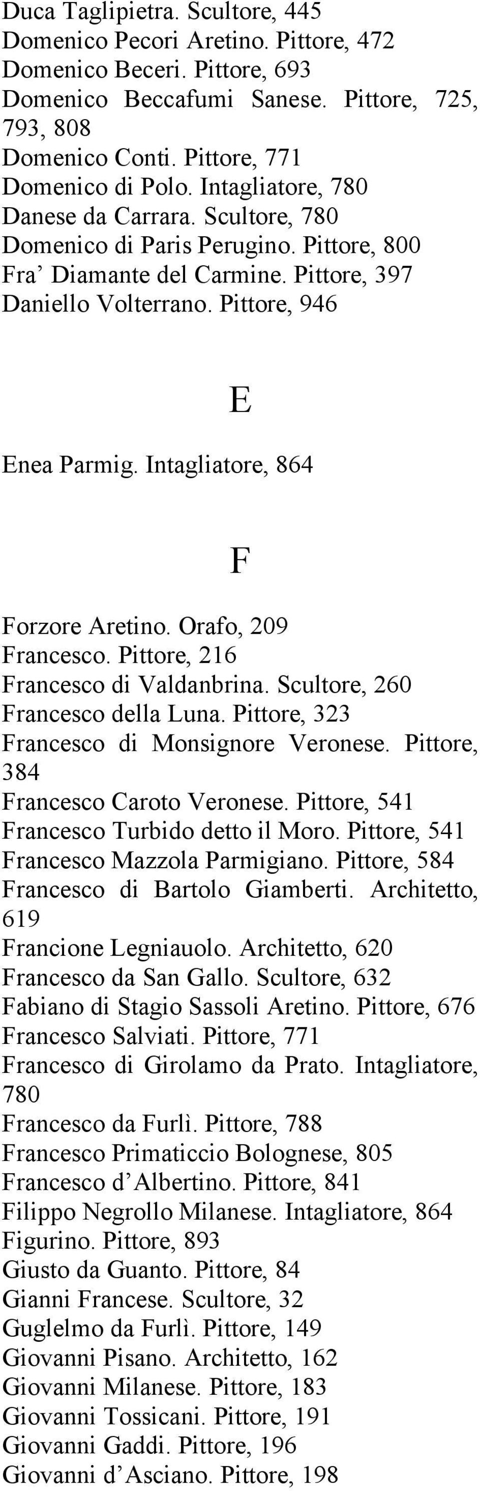 Intagliatore, 864 F Forzore Aretino. Orafo, 209 Francesco. Pittore, 216 Francesco di Valdanbrina. Scultore, 260 Francesco della Luna. Pittore, 323 Francesco di Monsignore Veronese.
