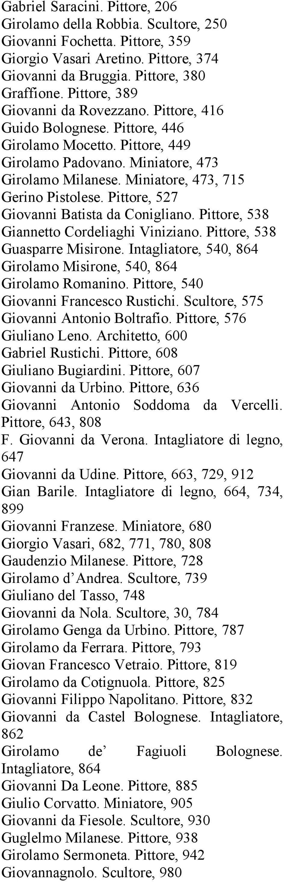Pittore, 527 Giovanni Batista da Conigliano. Pittore, 538 Giannetto Cordeliaghi Viniziano. Pittore, 538 Guasparre Misirone. Intagliatore, 540, 864 Girolamo Misirone, 540, 864 Girolamo Romanino.