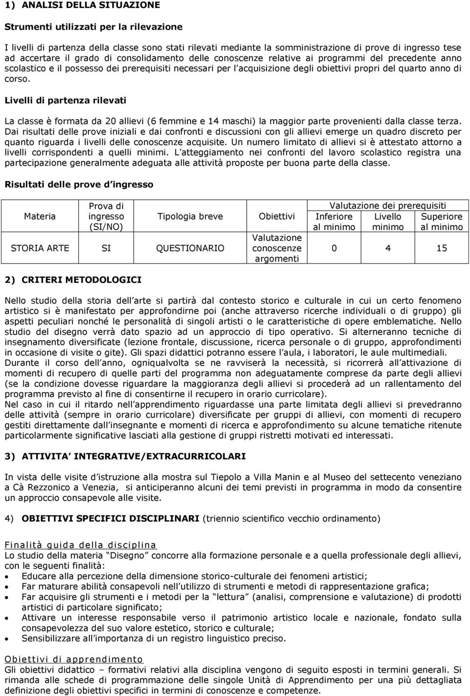 Livelli di partenza rilevati La classe è formata da 20 allievi (6 femmine e 14 maschi) la maggior parte provenienti dalla classe terza.