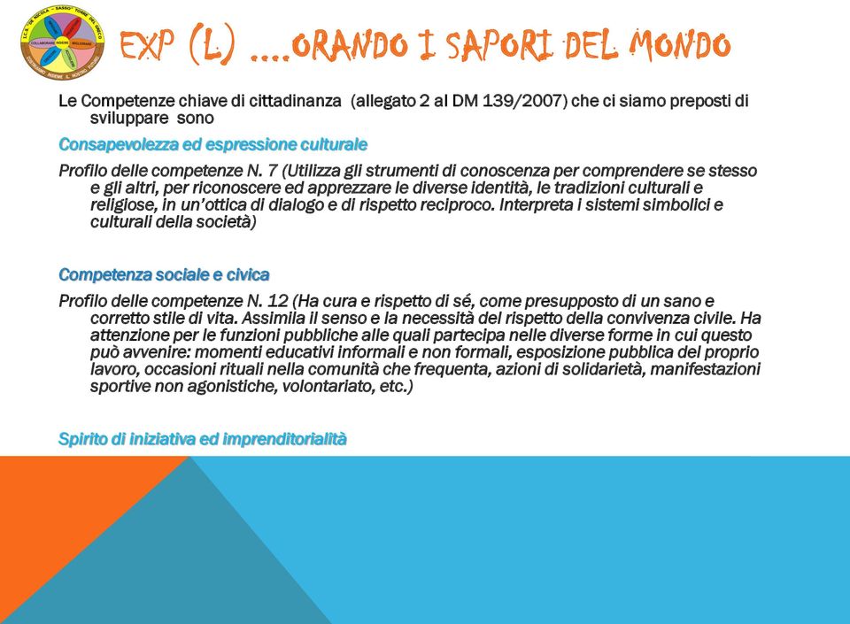 rispetto reciproco. Interpreta i sistemi simbolici e culturali della società) Competenza sociale e civica Profilo delle competenze N.