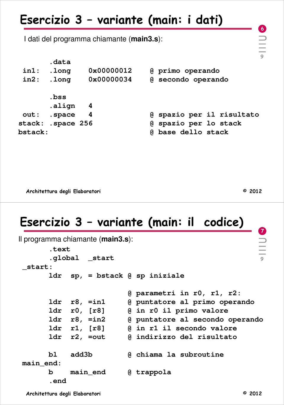 space 256 @ spazio per lo stack bstack: @ base dello stack Esercizio 3 variante (main: il codice) Il programma chiamante (main3.s):.text.