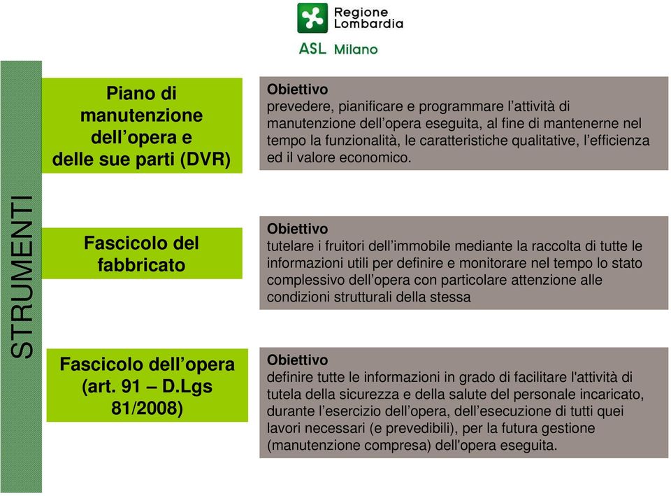 Lgs 81/2008) Obiettivo tutelare i fruitori dell immobile mediante la raccolta di tutte le informazioni utili per definire e monitorare nel tempo lo stato complessivo dell opera con particolare