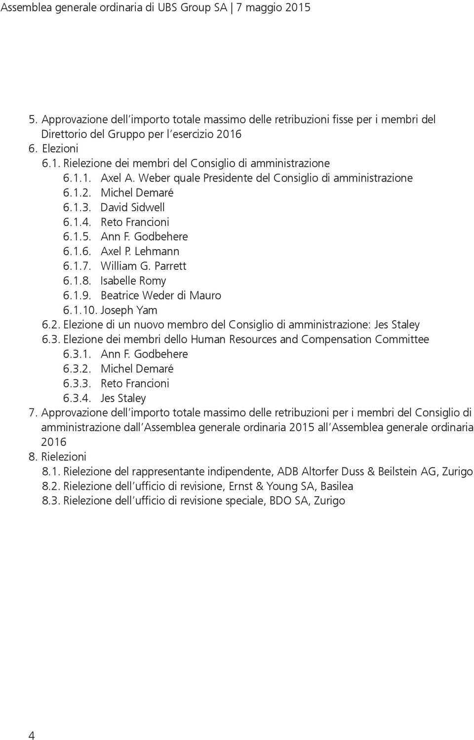 Reto Francioni 6.1.5. Ann F. Godbehere 6.1.6. Axel P. Lehmann 6.1.7. William G. Parrett 6.1.8. Isabelle Romy 6.1.9. Beatrice Weder di Mauro 6.1.10. Joseph Yam 6.2.