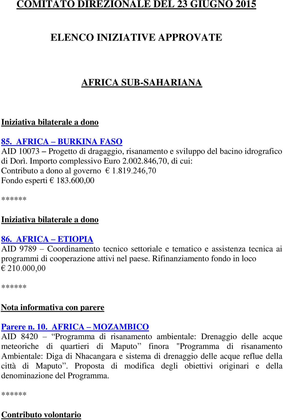 246,70 Fondo esperti 183.600,00 ****** Iniziativa bilaterale a dono 86.