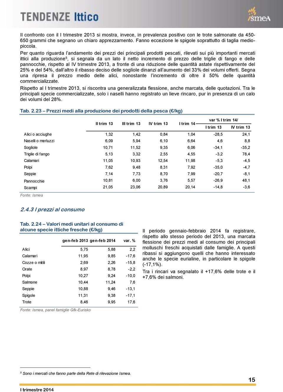 Per quanto riguarda l andamento dei prezzi dei principali prodotti pescati, rilevati sui più importanti mercati ittici alla produzione 5, si segnala da un lato il netto incremento di prezzo delle