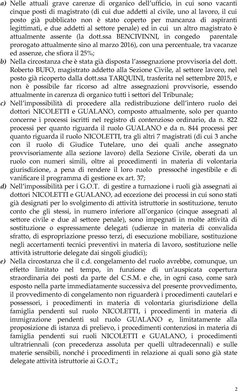 ssa BENCIVINNI, in congedo parentale prorogato attualmente sino al marzo 2016), con una percentuale, tra vacanze ed assenze, che sfiora il 25%; b) Nella circostanza che è stata già disposta l