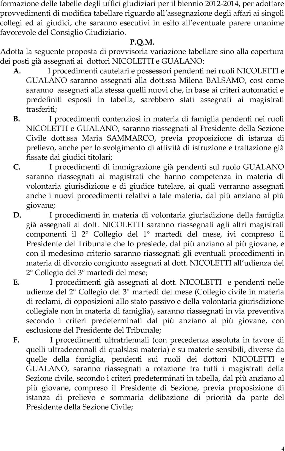 Adotta la seguente proposta di provvisoria variazione tabellare sino alla copertura dei posti già assegnati ai dottori NICOLETTI e GUALANO: A.