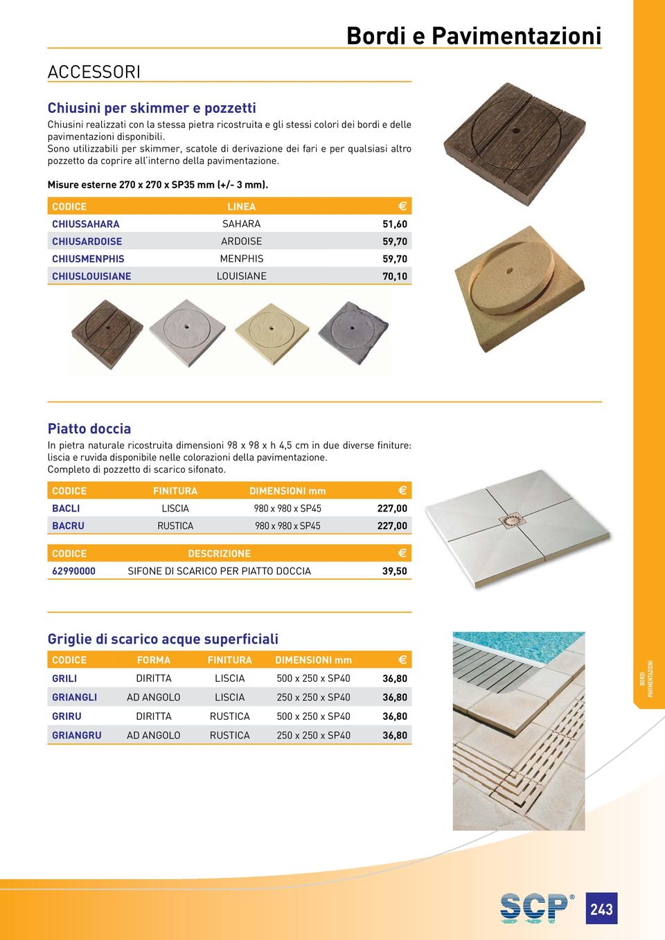 CoDiCe Linea CHiUSSaHara SAHARA 1,0 CHiUSarDoiSe ARDOISE 9,0 CHiUSmenPHiS MENPHIS 9,0 CHiUSLoUiSiane LOUISIANE 0,10 Piatto doccia In pietra naturale ricostruita dimensioni 98 x 98 x h 4, cm in due