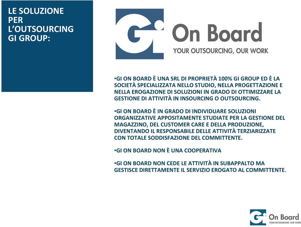 GI ON BOARD È IN GRADO DI INDIVIDUARE SOLUZIONI ORGANIZZATIVE APPOSITAMENTE STUDIATE PER LA GESTIONE DEL MAGAZZINO, DEL CUSTOMER CARE E DELLA PRODUZIONE,