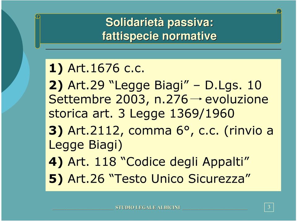 3 Legge 1369/1960 3) Art.2112, comma 6, c.c. (rinvio a Legge Biagi) 4) Art.