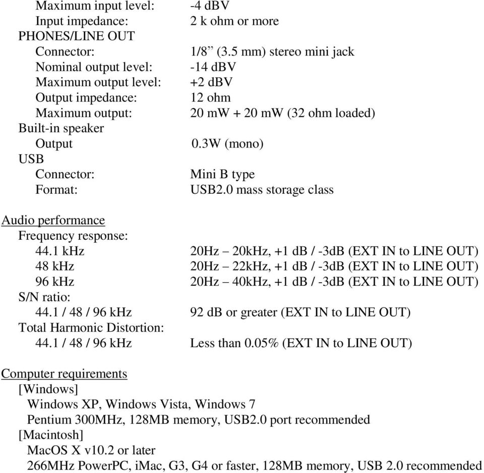 3W (mono) USB Mini B type Format: USB2.0 mass storage class Audio performance Frequency response: 44.