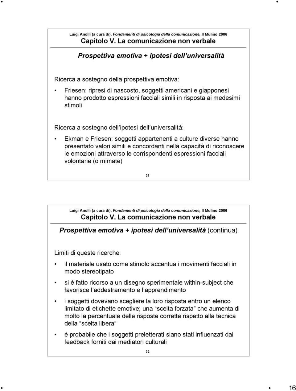 di riconoscere le emozioni attraverso le corrispondenti espressioni facciali volontarie (o mimate) 31 Prospettiva emotiva + ipotesi dell universalità (continua) Limiti di queste ricerche: il