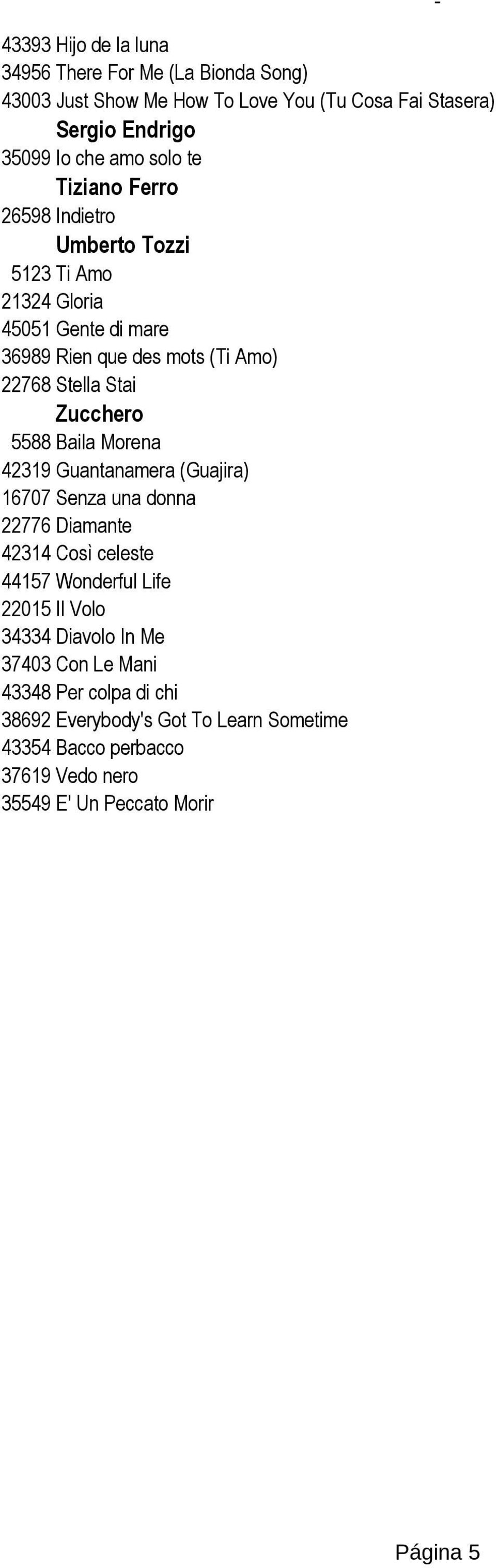 5588 Baila Morena 42319 Guantanamera (Guajira) 16707 Senza una donna 22776 Diamante 42314 Così celeste 44157 Wonderful Life 22015 Il Volo 34334 Diavolo