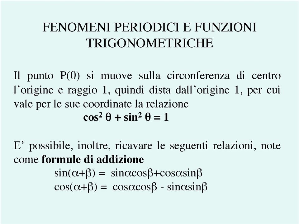 coordinate la relazione cos 2 θ + sin 2 θ = 1 E possibile, inoltre, ricavare le seguenti